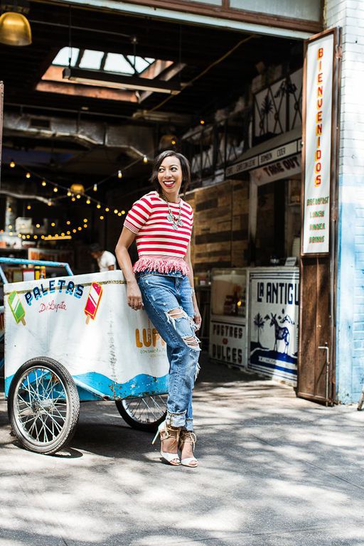 GIRLS OF FIFTH STRIPE TOP TORN DENIM